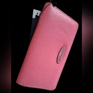 Womens Pink Skull Embossed Ed Hardy Wallet + Wristlet Strap
